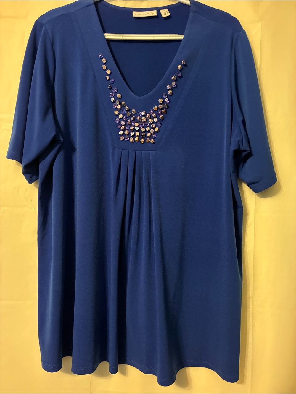 Susan Graver 1x Women's Royal Blue V-Neck Embellished Top
